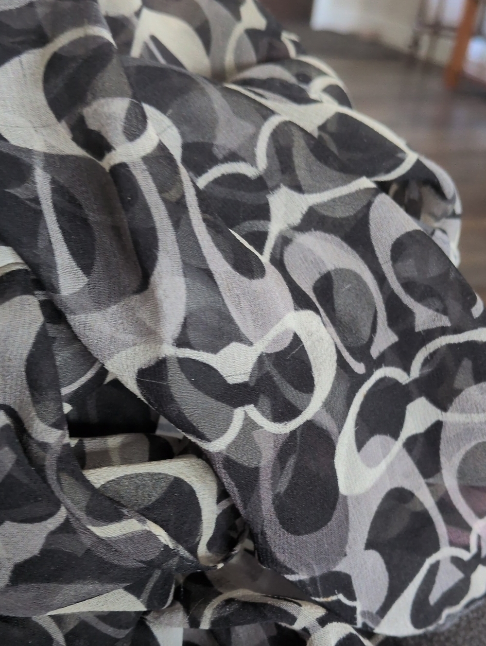 COACH Vintage Sheer Silk Chiffon Signature C Oblong Scarf Wrap Black Grey 54 HTF